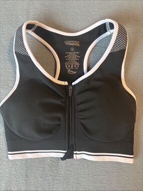 Black Front-Zip Supportive Sports Bra with White Trim